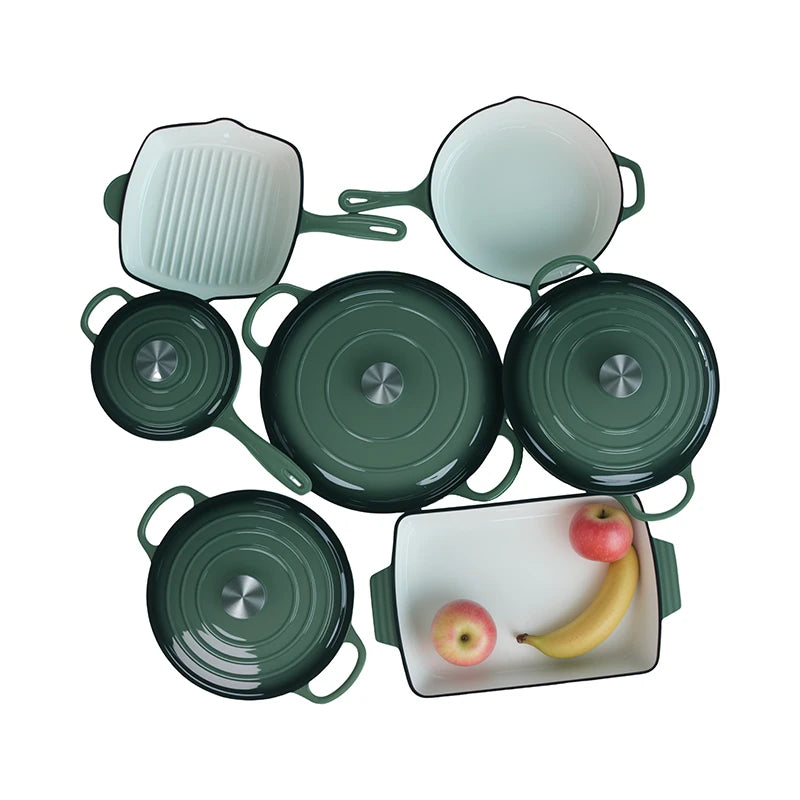 Customized Multi-functional Enamel Cast Iron Cookware Set Non-stick 7-piece Set Large-capacity Frying Pan Soup Pot Steak Pot Set