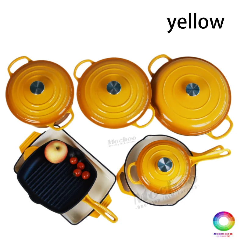 Customized Multi-functional Enamel Cast Iron Cookware Set Non-stick 7-piece Set Large-capacity Frying Pan Soup Pot Steak Pot Set