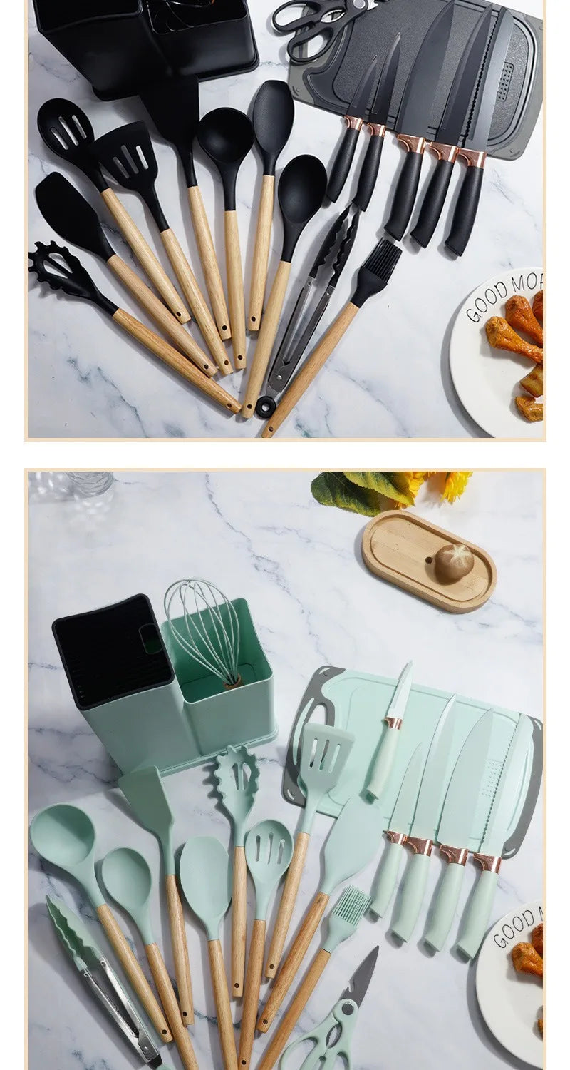 Silicone kitchenware set, 19-piece cooking wooden handle scoop, non-stick pan multi-functional integrated knife storage bucket