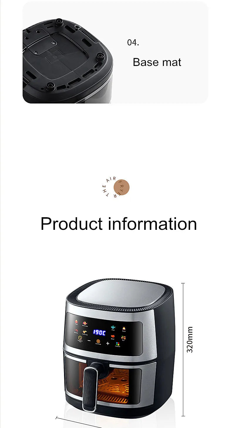 New 6L Stainless Steel Large-Capacity Air Fryer Household Visual Electric Oven Oil-Free Multifunctional Home Black White Green