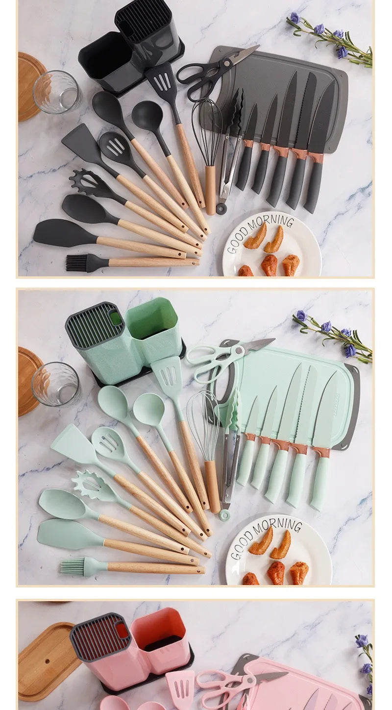 Silicone kitchenware set, 19-piece cooking wooden handle scoop, non-stick pan multi-functional integrated knife storage bucket