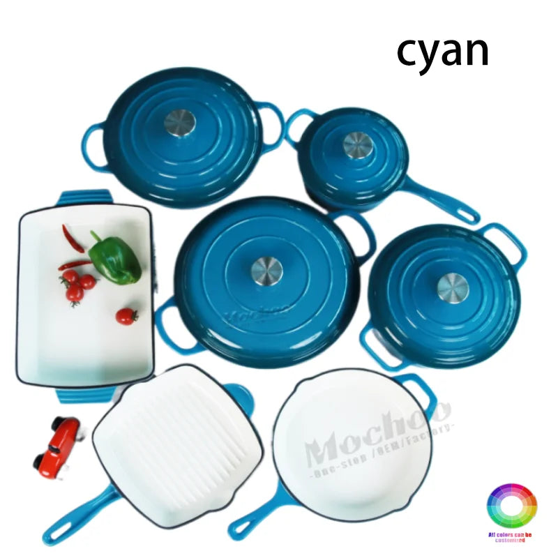 Customized Multi-functional Enamel Cast Iron Cookware Set Non-stick 7-piece Set Large-capacity Frying Pan Soup Pot Steak Pot Set