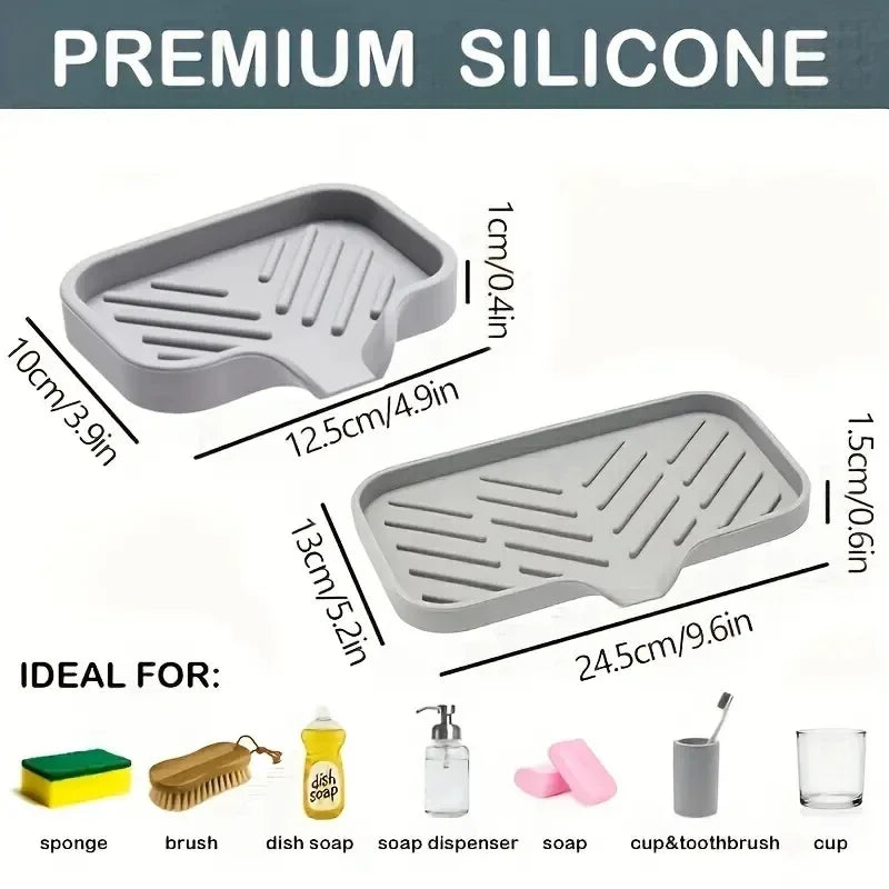 Multifunctional Silicone Sink Tray with Drain - Soap Holder, Sponge & Brush Organizer for Kitchen & Bathroom