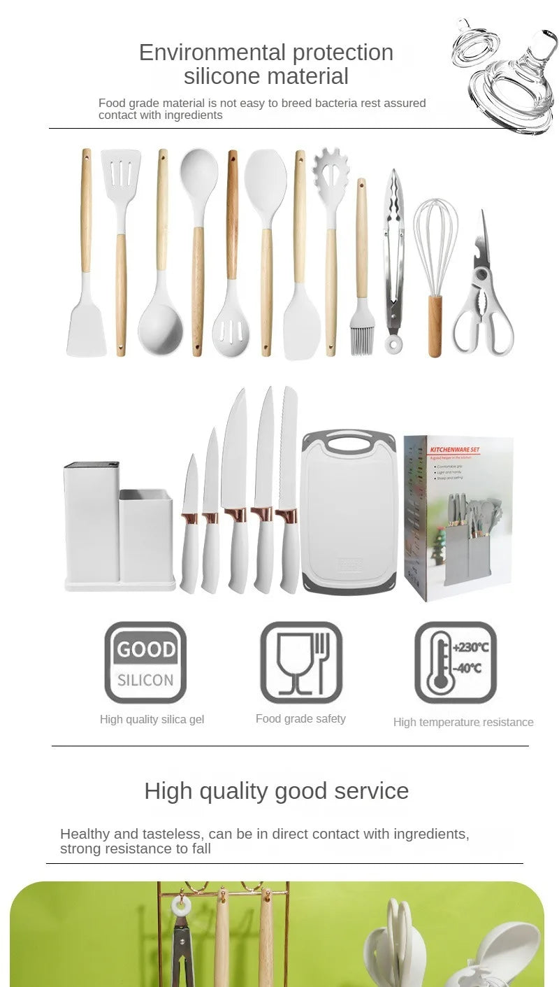 Silicone kitchenware set, 19-piece cooking wooden handle scoop, non-stick pan multi-functional integrated knife storage bucket