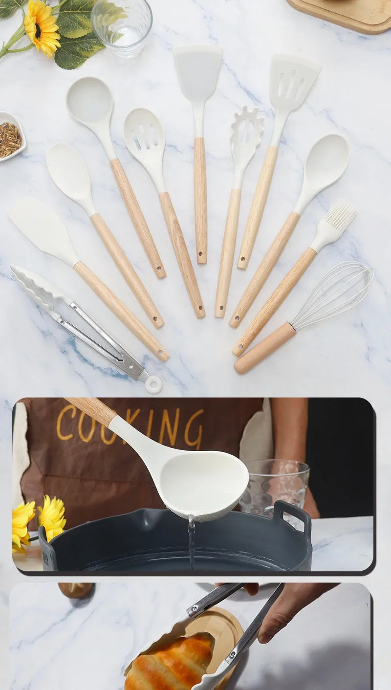 Silicone kitchenware set, 19-piece cooking wooden handle scoop, non-stick pan multi-functional integrated knife storage bucket