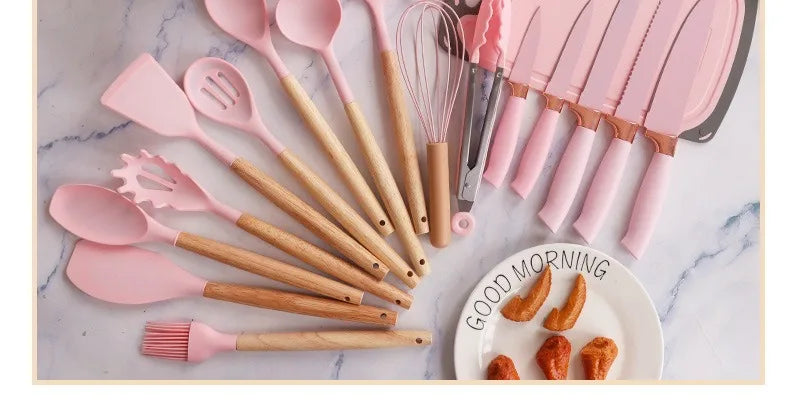 Silicone kitchenware set, 19-piece cooking wooden handle scoop, non-stick pan multi-functional integrated knife storage bucket