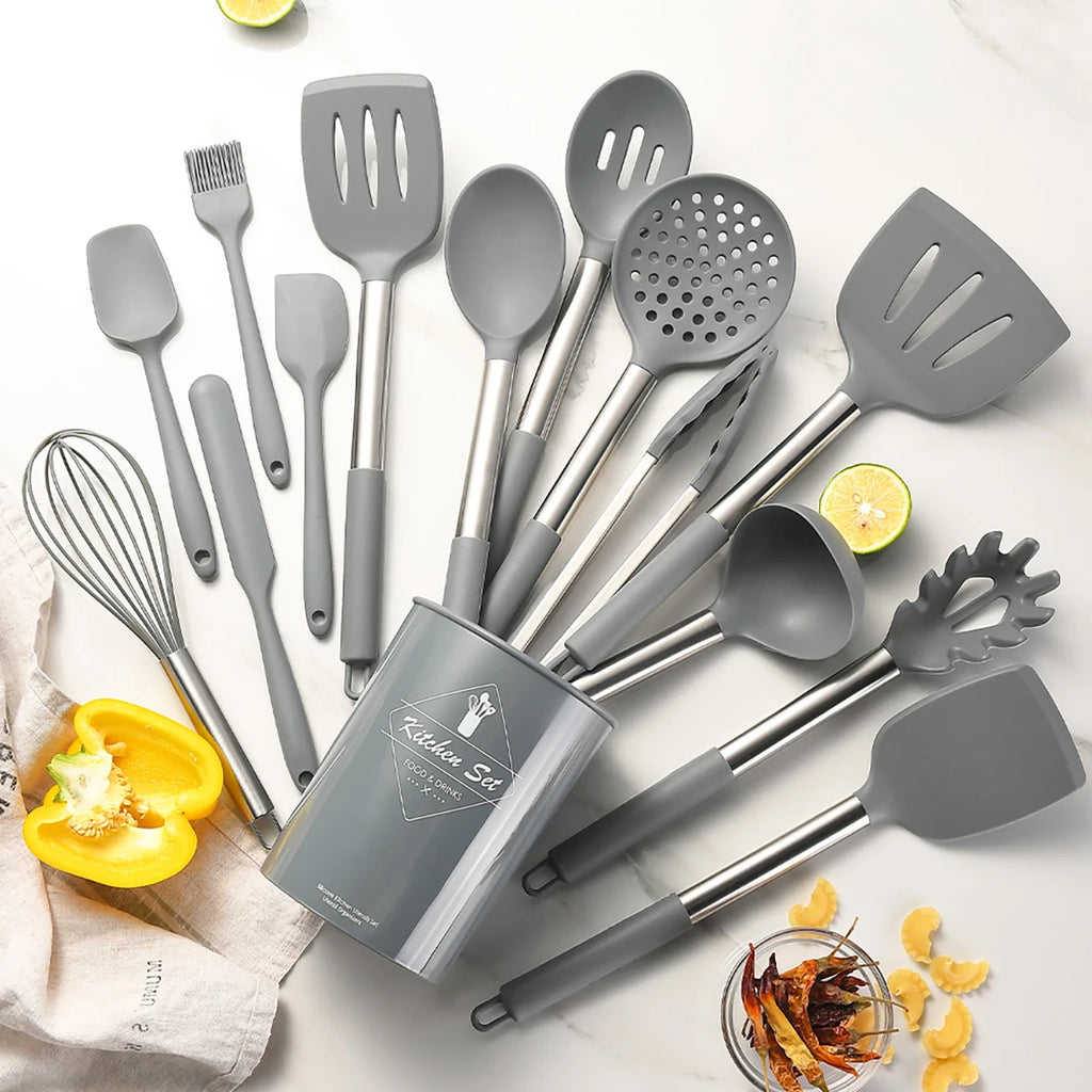 15pcs Silicone Kitchenware Set Stainless Steel Handle Cooking Utensils Spatula Spoon Food Clip Kitchen Tool with Storage Bucket