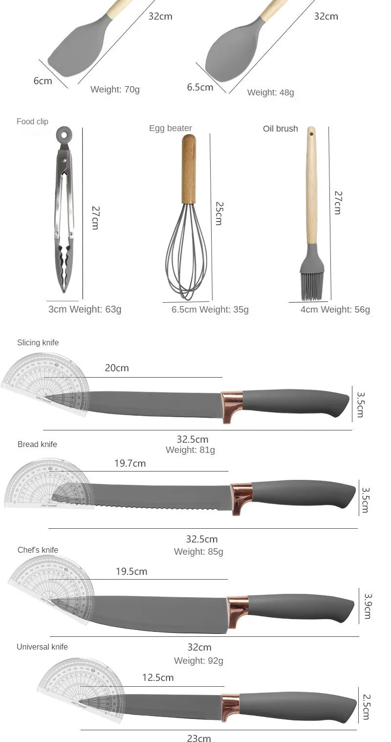 Silicone kitchenware set, 19-piece cooking wooden handle scoop, non-stick pan multi-functional integrated knife storage bucket