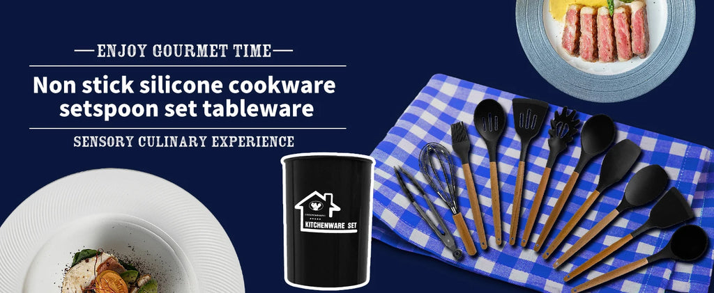 Silicone kitchenware set, 19-piece cooking wooden handle scoop, non-stick pan multi-functional integrated knife storage bucket