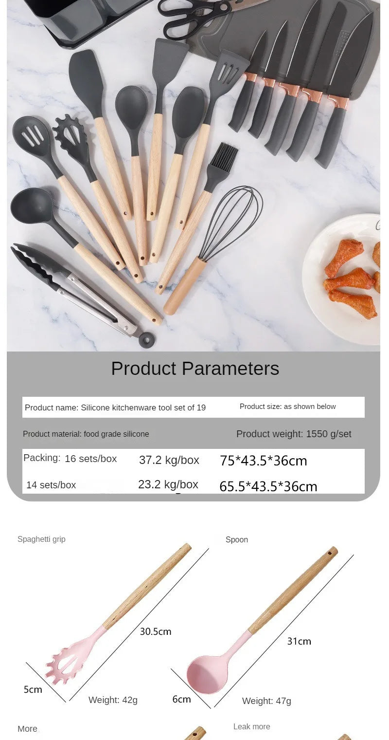 Silicone kitchenware set, 19-piece cooking wooden handle scoop, non-stick pan multi-functional integrated knife storage bucket