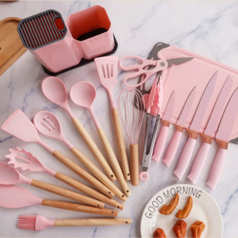 Silicone kitchenware set, 19-piece cooking wooden handle scoop, non-stick pan multi-functional integrated knife storage bucket