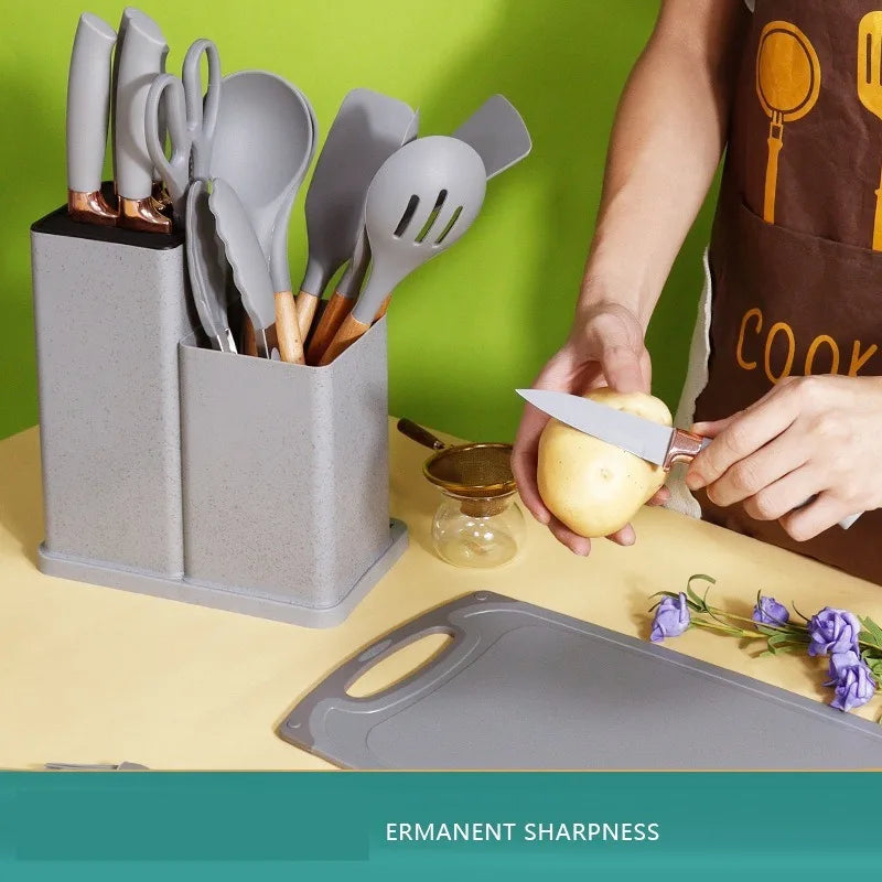 Silicone kitchenware set, 19-piece cooking wooden handle scoop, non-stick pan multi-functional integrated knife storage bucket