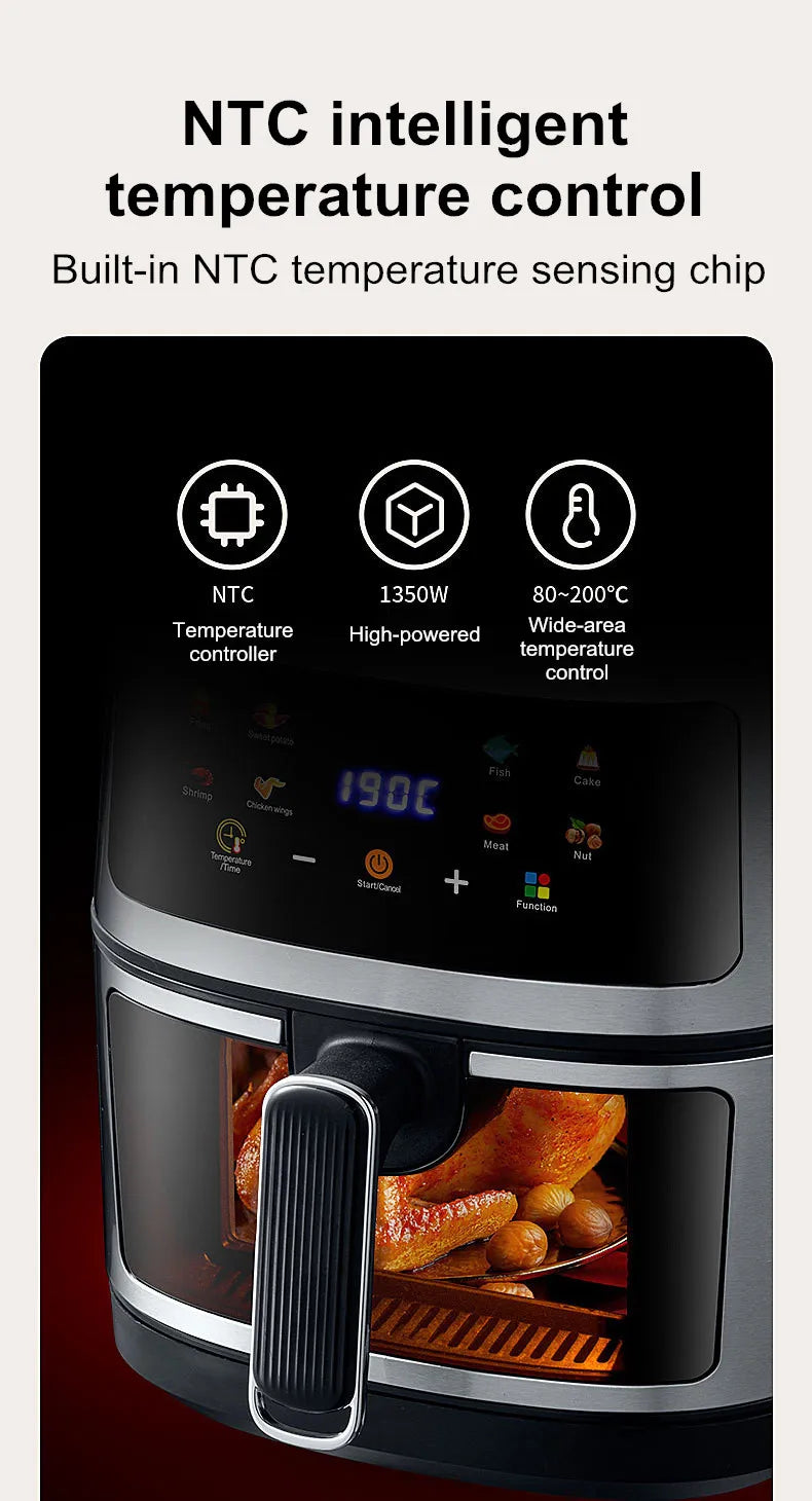 New 6L Stainless Steel Large-Capacity Air Fryer Household Visual Electric Oven Oil-Free Multifunctional Home Black White Green