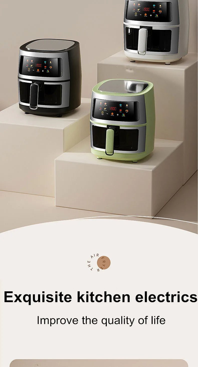 New 6L Stainless Steel Large-Capacity Air Fryer Household Visual Electric Oven Oil-Free Multifunctional Home Black White Green