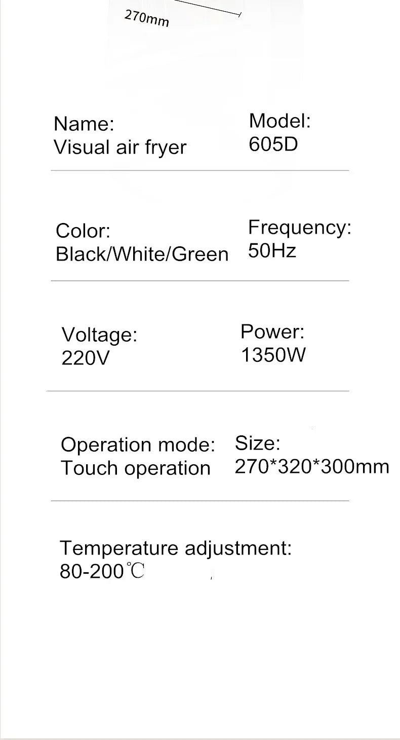 New 6L Stainless Steel Large-Capacity Air Fryer Household Visual Electric Oven Oil-Free Multifunctional Home Black White Green