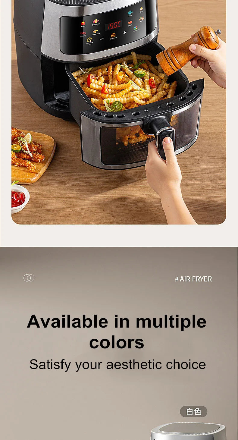 New 6L Stainless Steel Large-Capacity Air Fryer Household Visual Electric Oven Oil-Free Multifunctional Home Black White Green