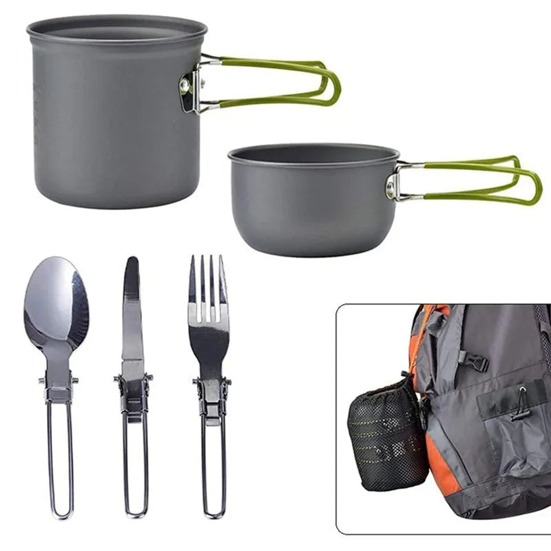 Camping Cookware Mess Kit Pot and Pan with Foldable Stainless Steel Cutlery Non-Stick Cooking Set for Traveling Hiking