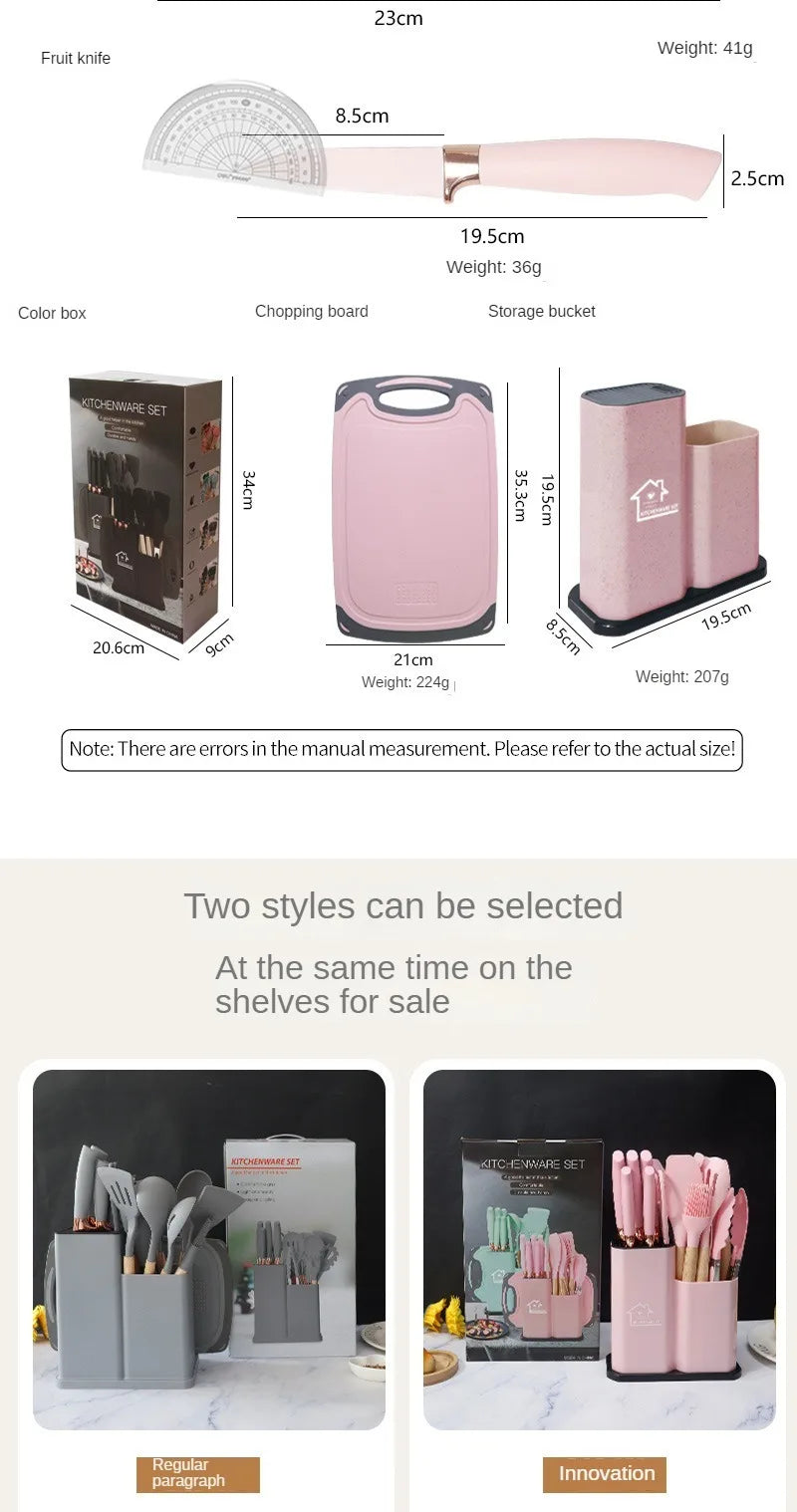 Silicone kitchenware set, 19-piece cooking wooden handle scoop, non-stick pan multi-functional integrated knife storage bucket