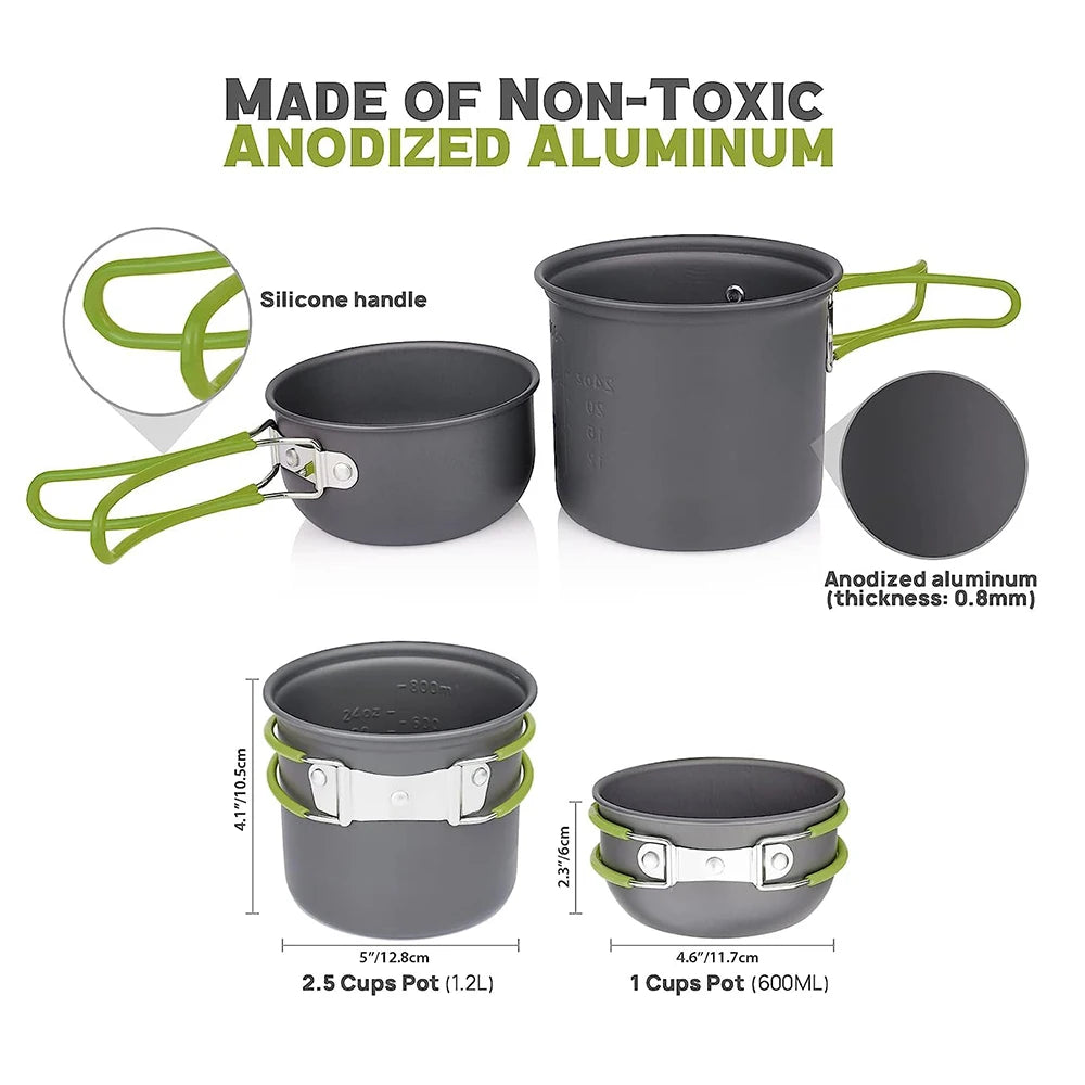 Camping Cookware Mess Kit Pot and Pan with Foldable Stainless Steel Cutlery Non-Stick Cooking Set for Traveling Hiking