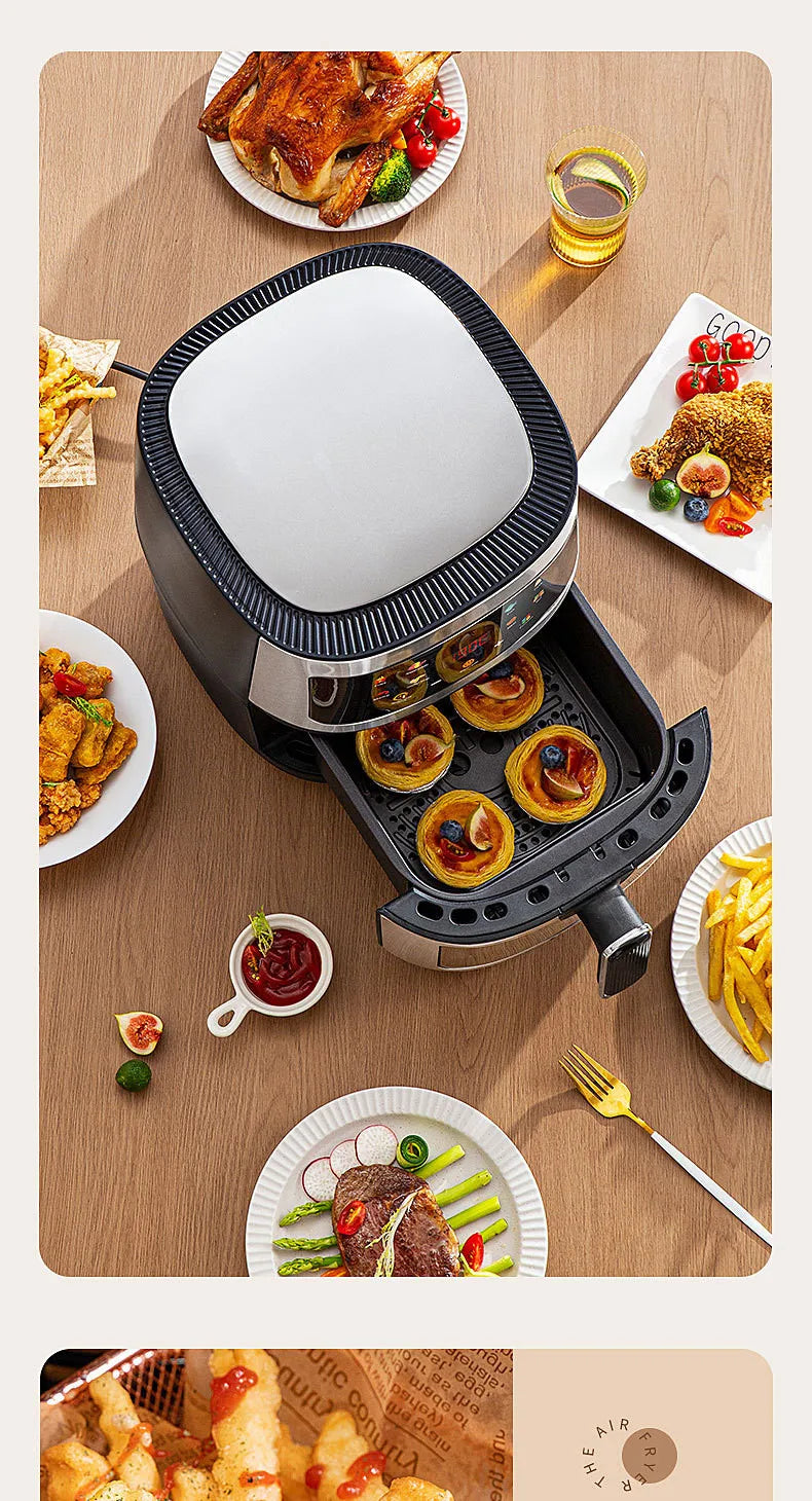 New 6L Stainless Steel Large-Capacity Air Fryer Household Visual Electric Oven Oil-Free Multifunctional Home Black White Green