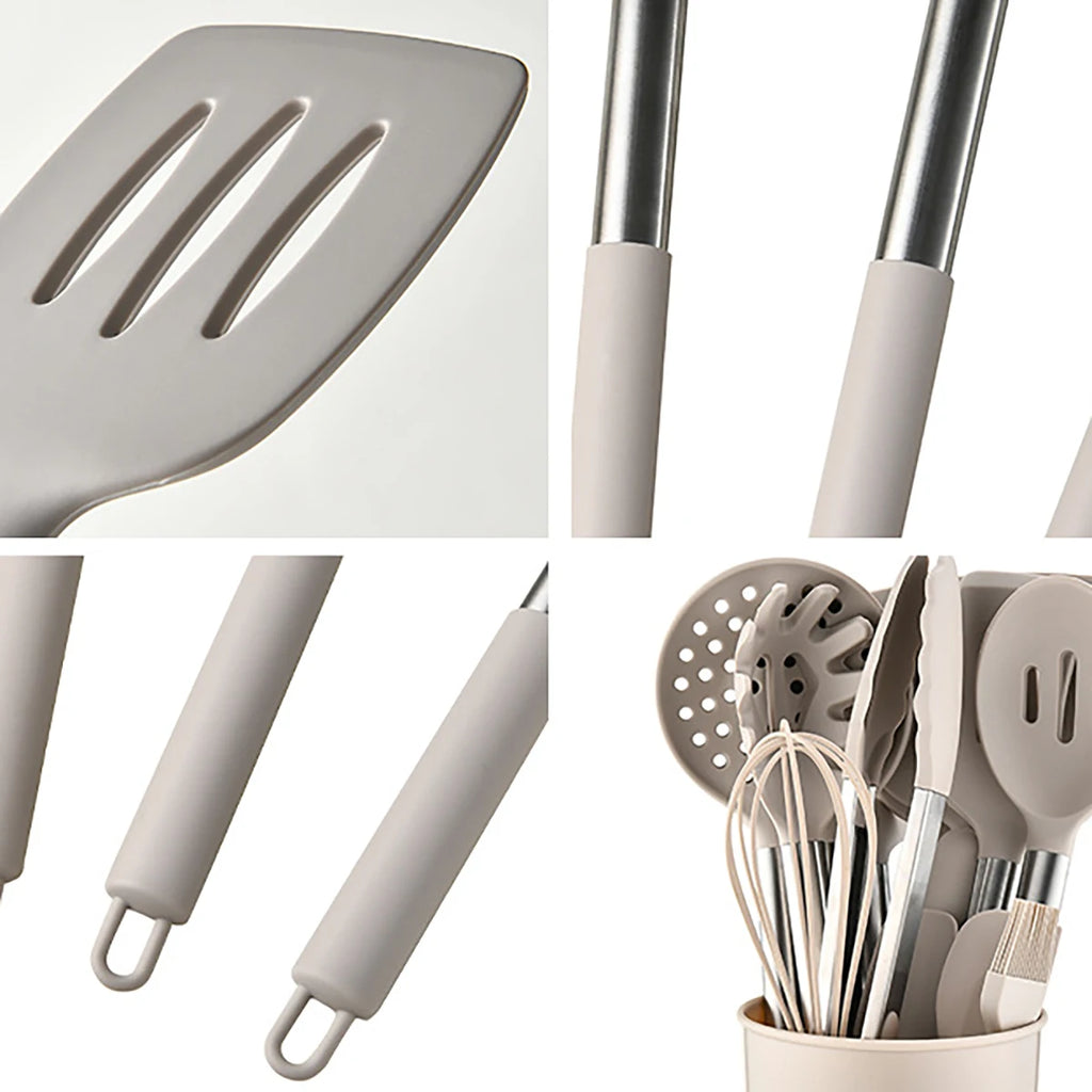15pcs Silicone Kitchenware Set Stainless Steel Handle Cooking Utensils Spatula Spoon Food Clip Kitchen Tool with Storage Bucket