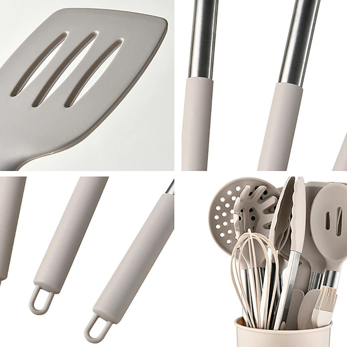 15pcs Silicone Kitchenware Set Stainless Steel Handle Cooking Utensils Spatula Spoon Food Clip Kitchen Tool with Storage Bucket