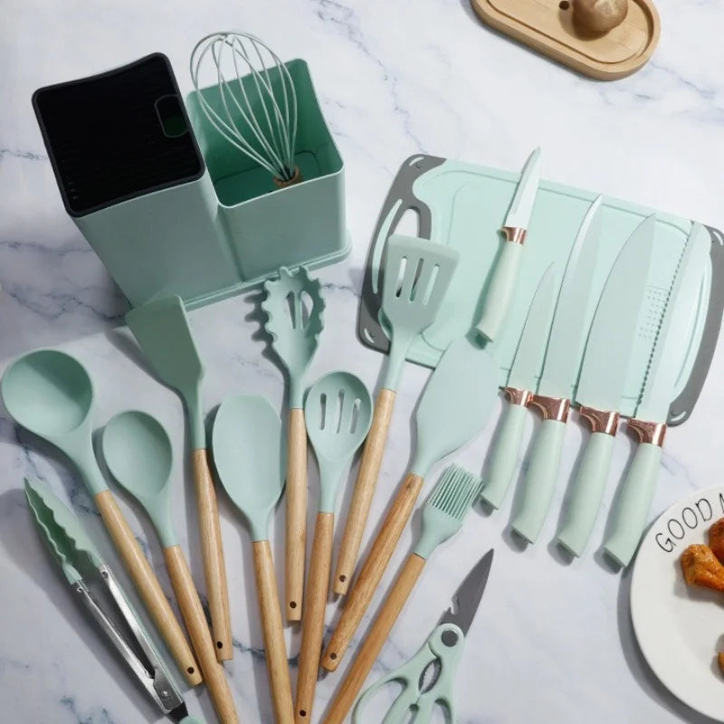 Silicone kitchenware set, 19-piece cooking wooden handle scoop, non-stick pan multi-functional integrated knife storage bucket