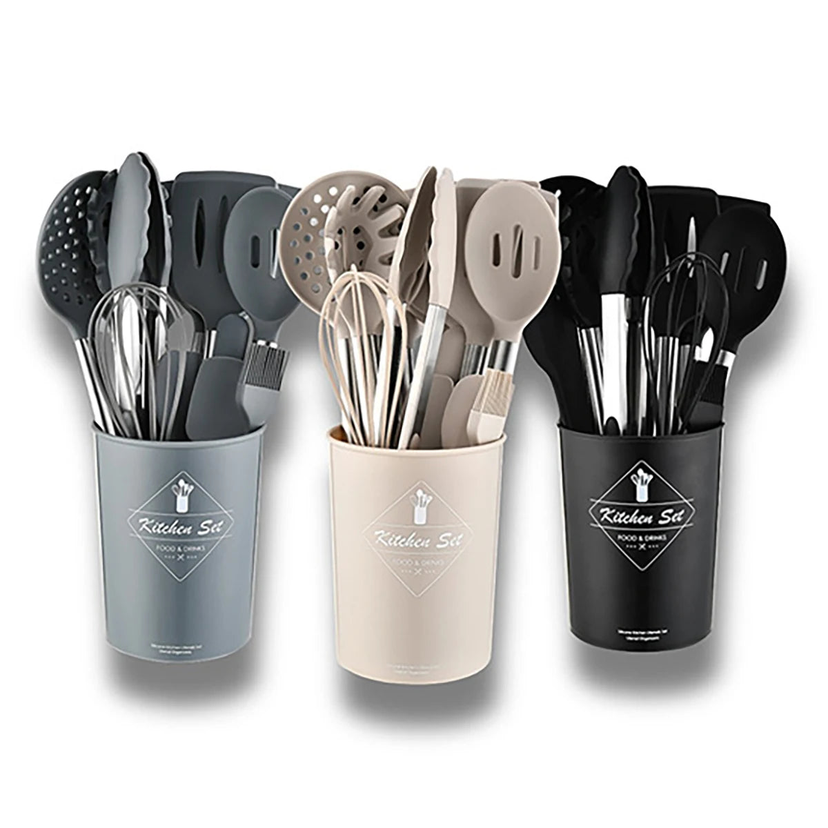 15pcs Silicone Kitchenware Set Stainless Steel Handle Cooking Utensils Spatula Spoon Food Clip Kitchen Tool with Storage Bucket