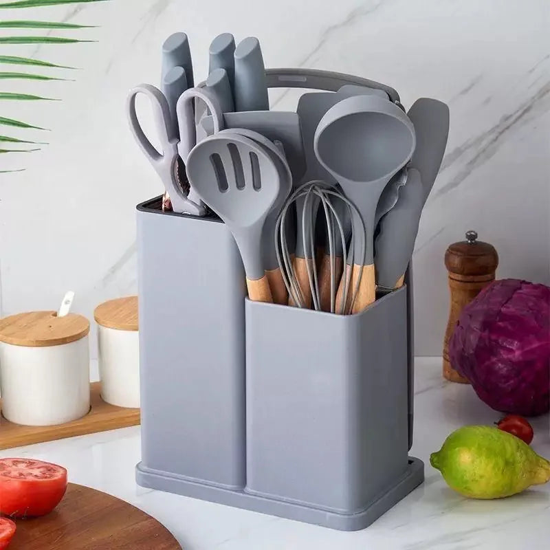 Silicone kitchenware set, 19-piece cooking wooden handle scoop, non-stick pan multi-functional integrated knife storage bucket