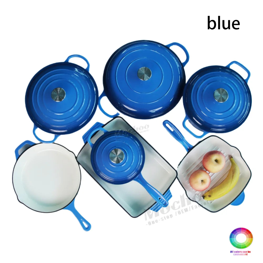 Customized Multi-functional Enamel Cast Iron Cookware Set Non-stick 7-piece Set Large-capacity Frying Pan Soup Pot Steak Pot Set