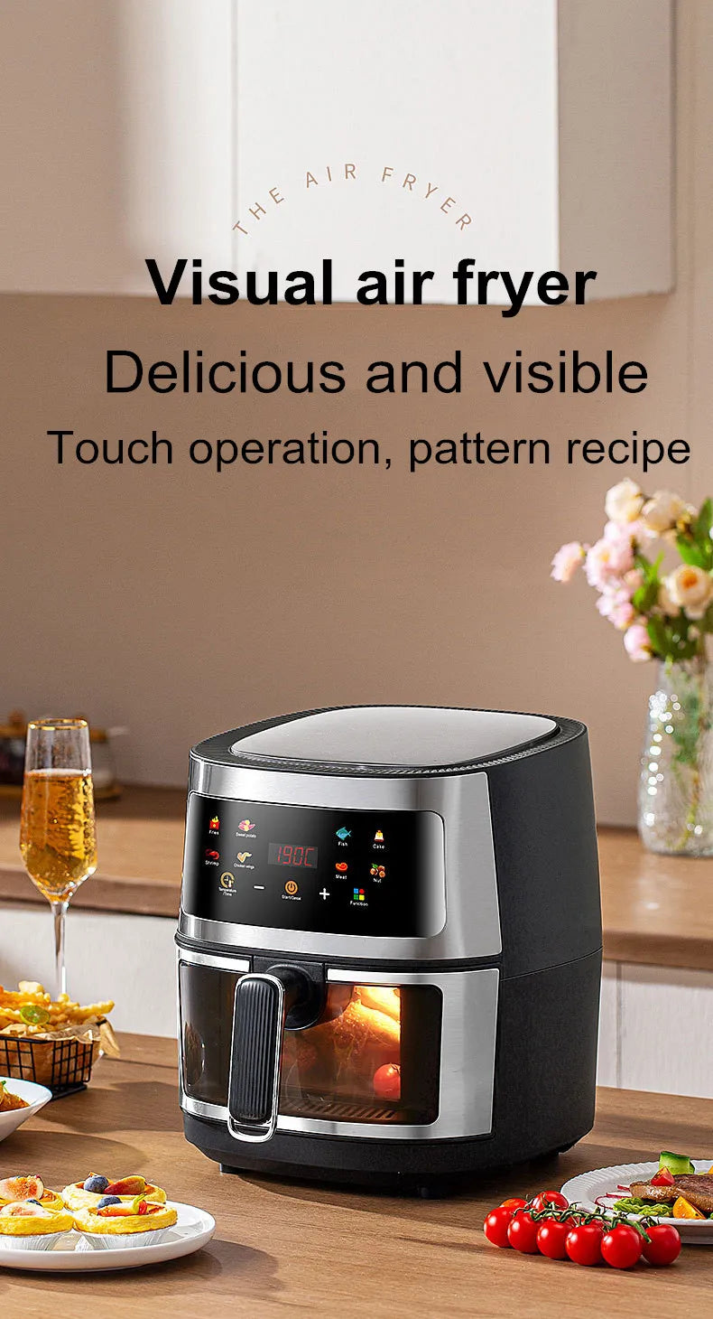 New 6L Stainless Steel Large-Capacity Air Fryer Household Visual Electric Oven Oil-Free Multifunctional Home Black White Green