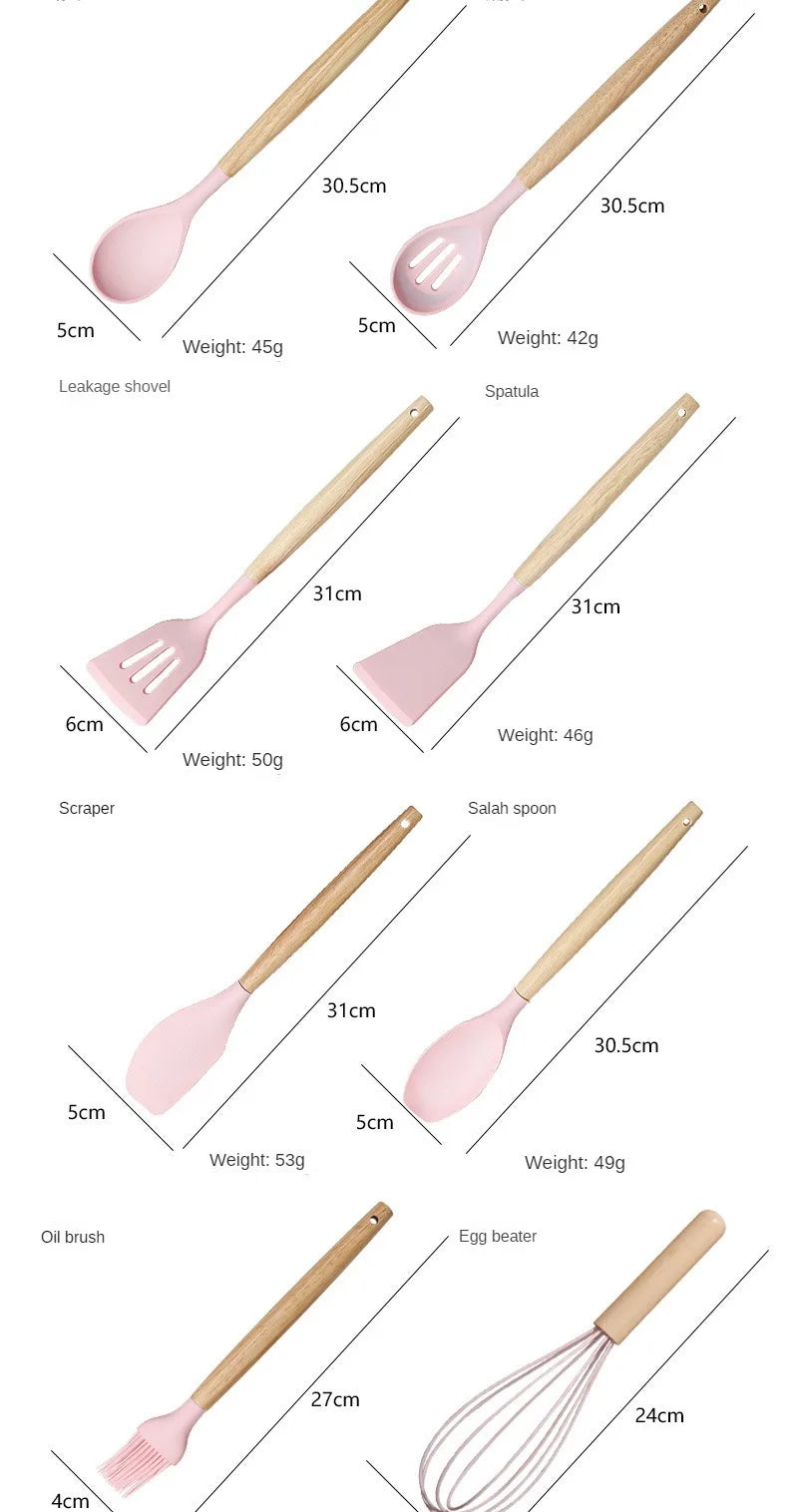 Silicone kitchenware set, 19-piece cooking wooden handle scoop, non-stick pan multi-functional integrated knife storage bucket