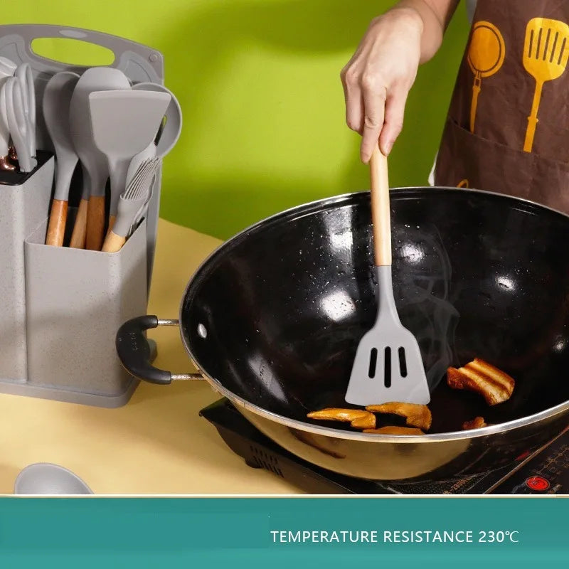 Silicone kitchenware set, 19-piece cooking wooden handle scoop, non-stick pan multi-functional integrated knife storage bucket