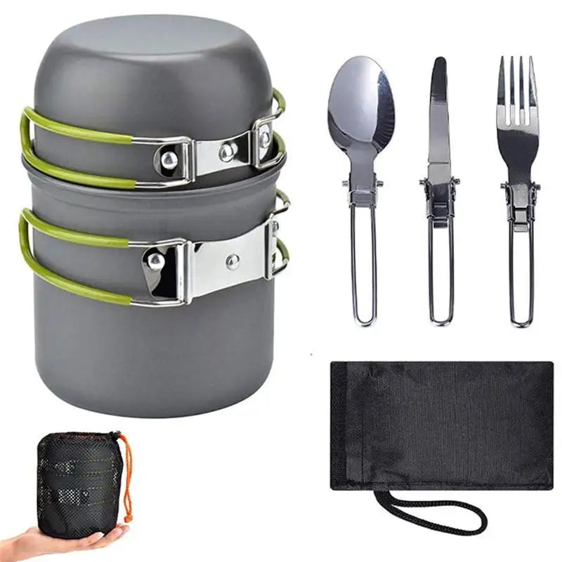 Camping Cookware Mess Kit Pot and Pan with Foldable Stainless Steel Cutlery Non-Stick Cooking Set for Traveling Hiking
