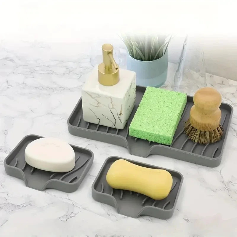 Multifunctional Silicone Sink Tray with Drain - Soap Holder, Sponge & Brush Organizer for Kitchen & Bathroom