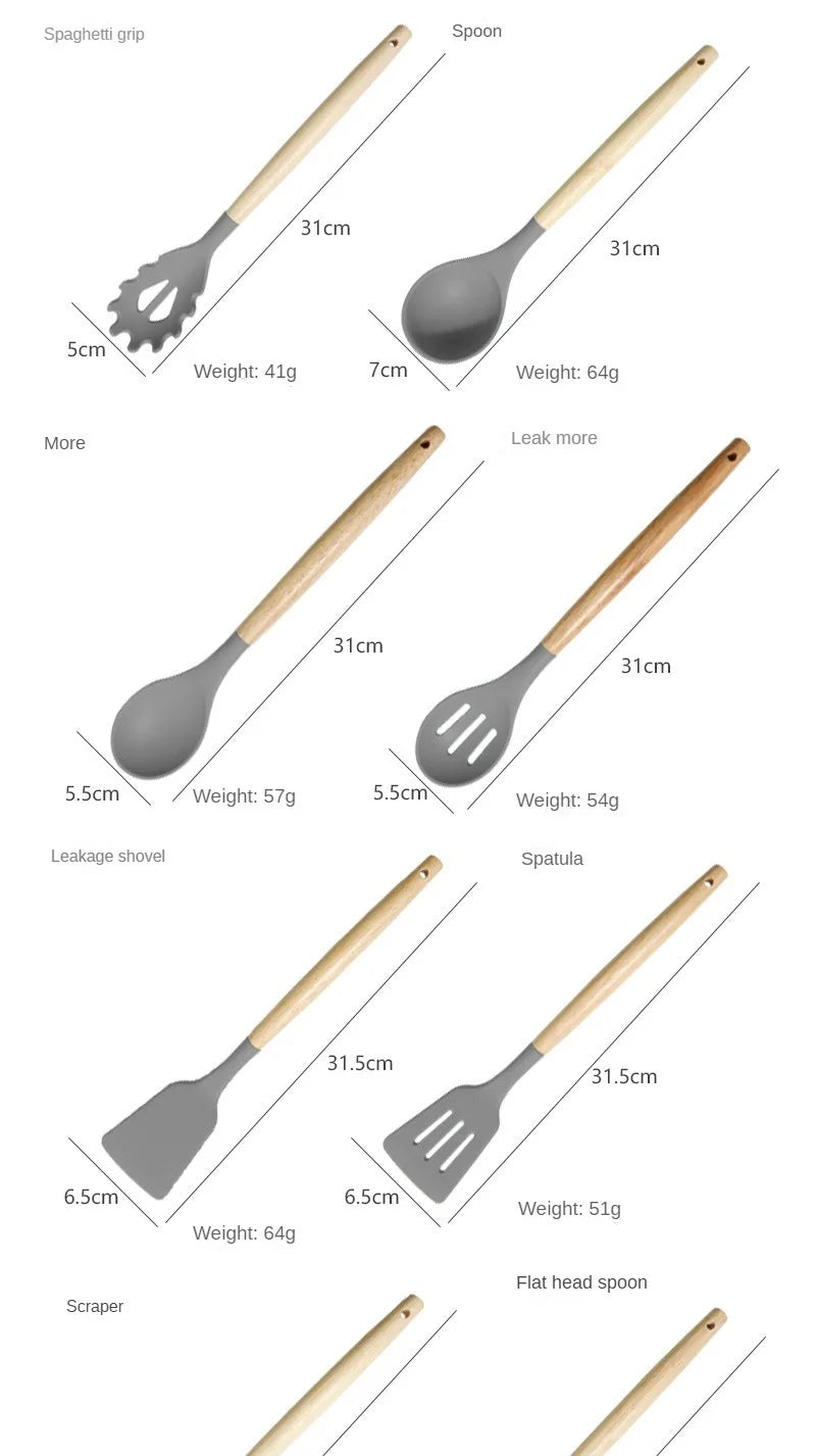 Silicone kitchenware set, 19-piece cooking wooden handle scoop, non-stick pan multi-functional integrated knife storage bucket