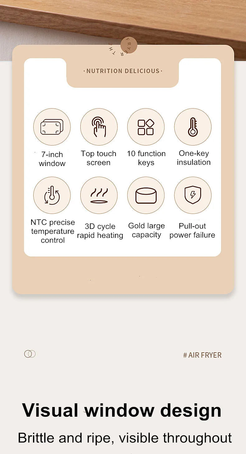 New 6L Stainless Steel Large-Capacity Air Fryer Household Visual Electric Oven Oil-Free Multifunctional Home Black White Green