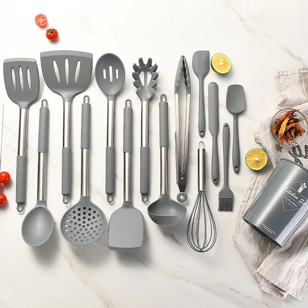 15pcs Silicone Kitchenware Set Stainless Steel Handle Cooking Utensils Spatula Spoon Food Clip Kitchen Tool with Storage Bucket