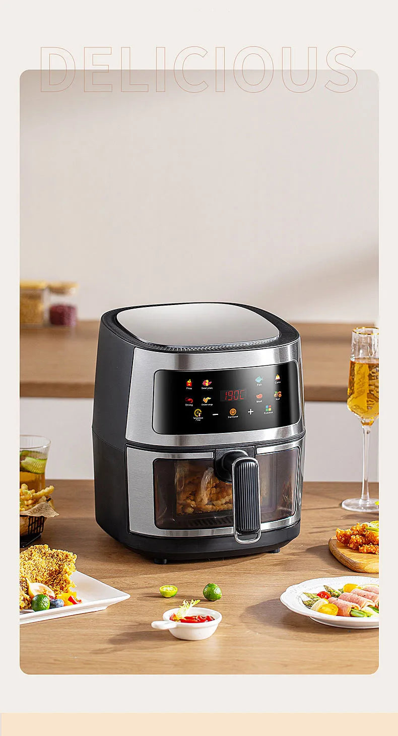 New 6L Stainless Steel Large-Capacity Air Fryer Household Visual Electric Oven Oil-Free Multifunctional Home Black White Green