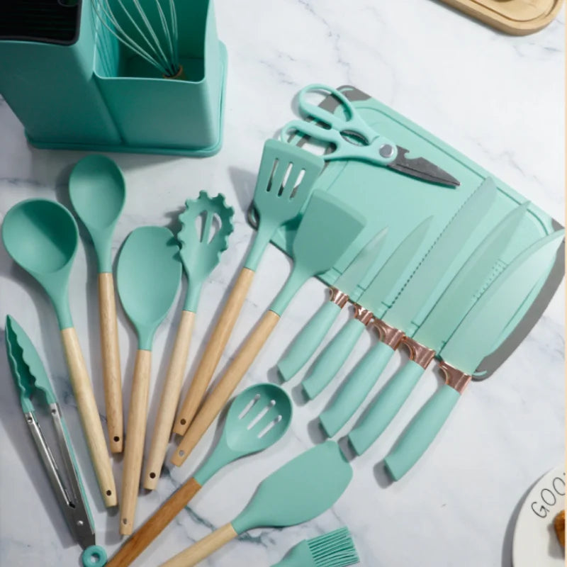 Silicone kitchenware set, 19-piece cooking wooden handle scoop, non-stick pan multi-functional integrated knife storage bucket