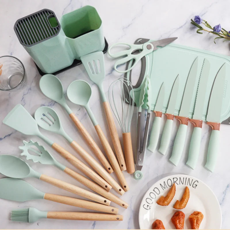 Silicone kitchenware set, 19-piece cooking wooden handle scoop, non-stick pan multi-functional integrated knife storage bucket