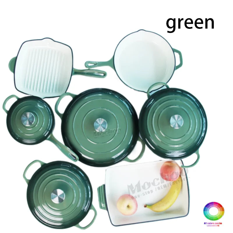 Customized Multi-functional Enamel Cast Iron Cookware Set Non-stick 7-piece Set Large-capacity Frying Pan Soup Pot Steak Pot Set