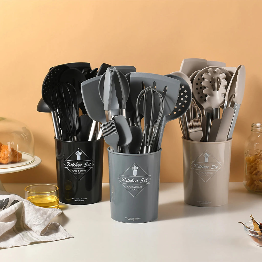 15pcs Silicone Kitchenware Set Stainless Steel Handle Cooking Utensils Spatula Spoon Food Clip Kitchen Tool with Storage Bucket