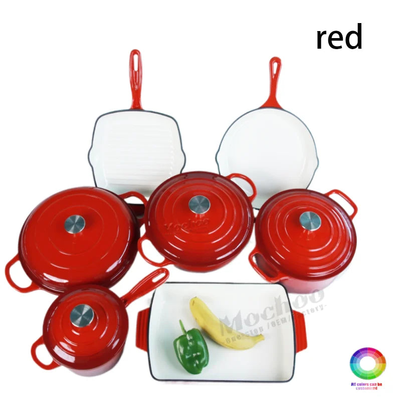 Customized Multi-functional Enamel Cast Iron Cookware Set Non-stick 7-piece Set Large-capacity Frying Pan Soup Pot Steak Pot Set
