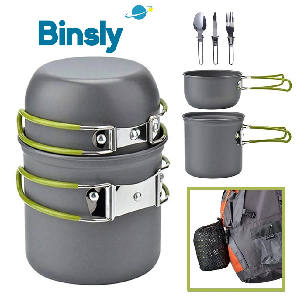 Camping Cookware Mess Kit Pot and Pan with Foldable Stainless Steel Cutlery Non-Stick Cooking Set for Traveling Hiking