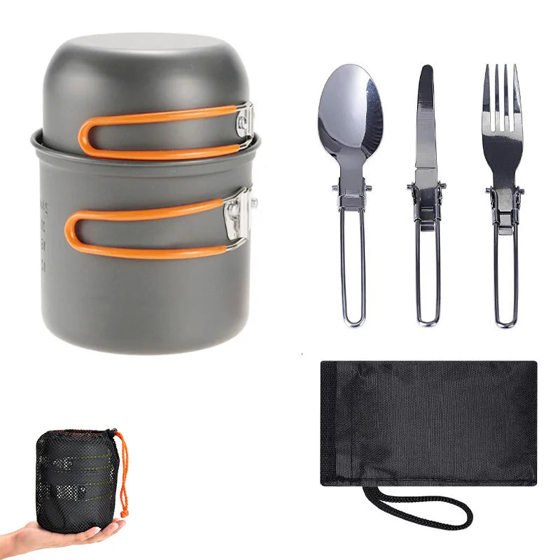 Camping Cookware Mess Kit Pot and Pan with Foldable Stainless Steel Cutlery Non-Stick Cooking Set for Traveling Hiking
