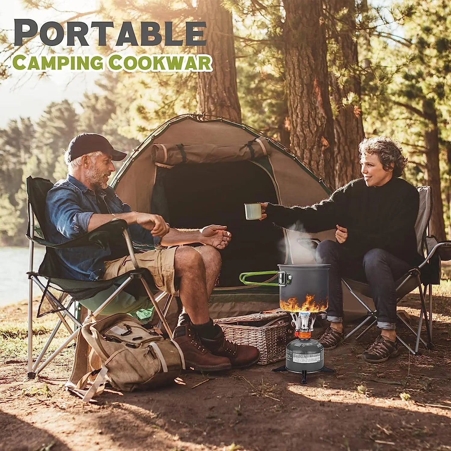 Camping Cookware Mess Kit Pot and Pan with Foldable Stainless Steel Cutlery Non-Stick Cooking Set for Traveling Hiking