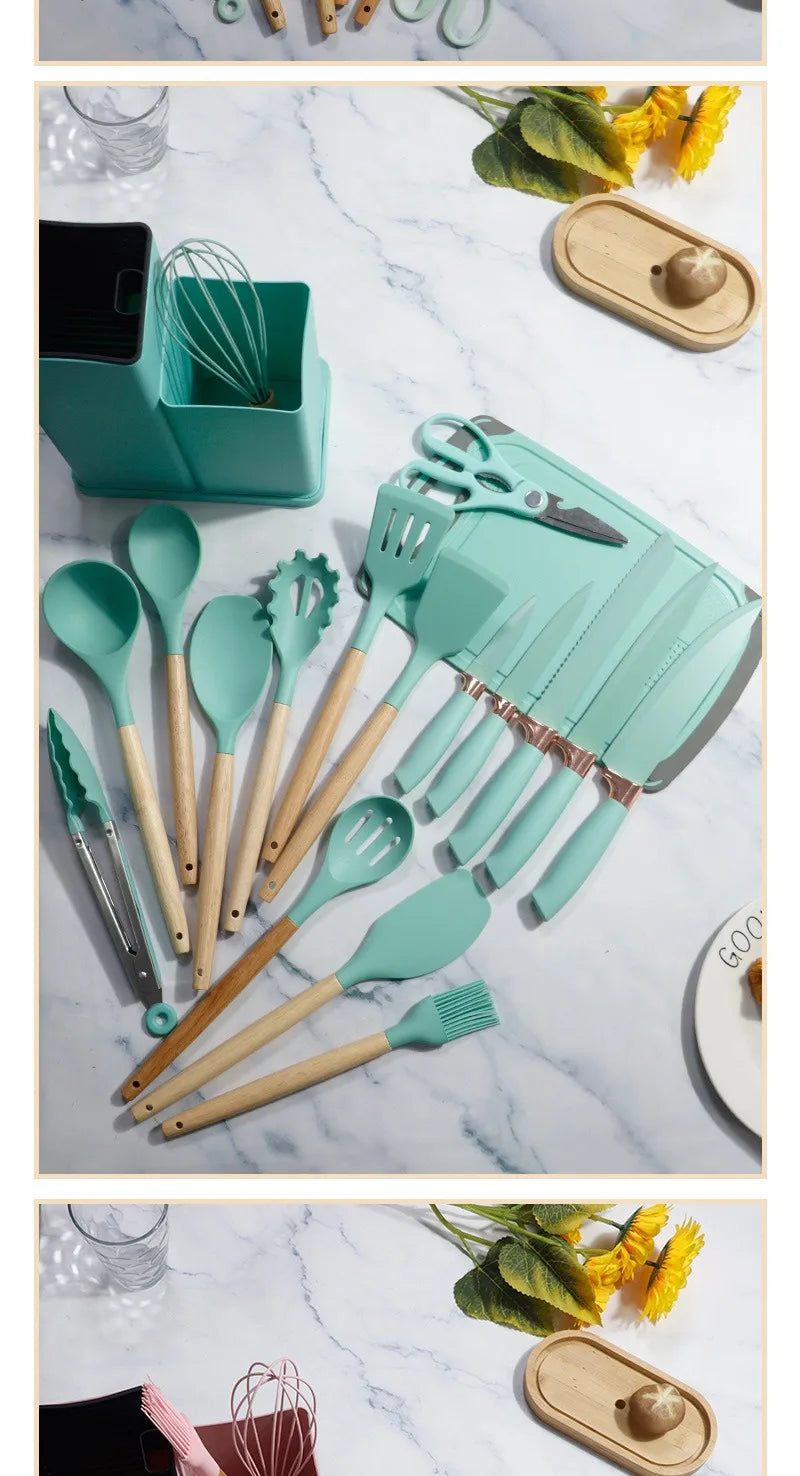 Silicone kitchenware set, 19-piece cooking wooden handle scoop, non-stick pan multi-functional integrated knife storage bucket