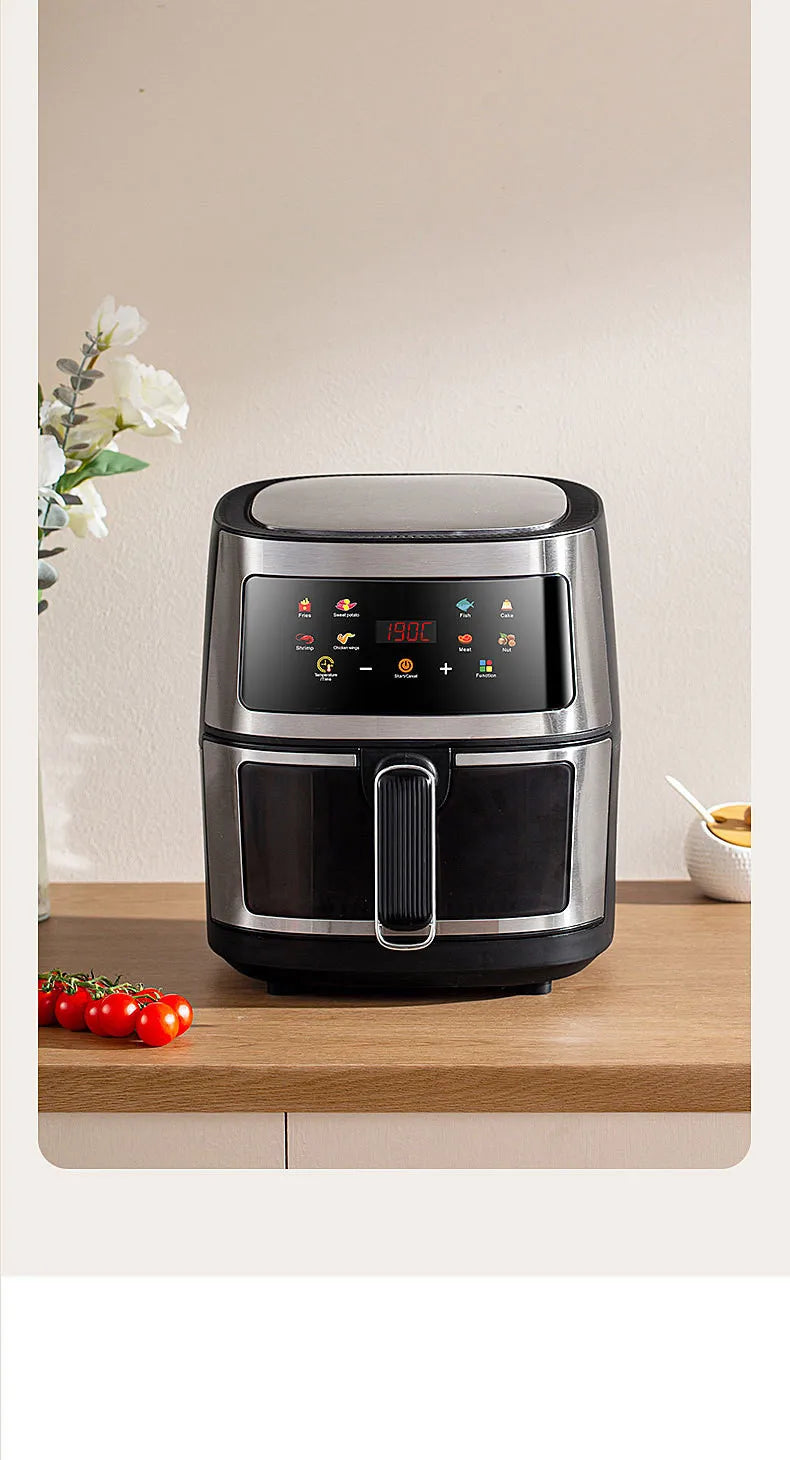 New 6L Stainless Steel Large-Capacity Air Fryer Household Visual Electric Oven Oil-Free Multifunctional Home Black White Green