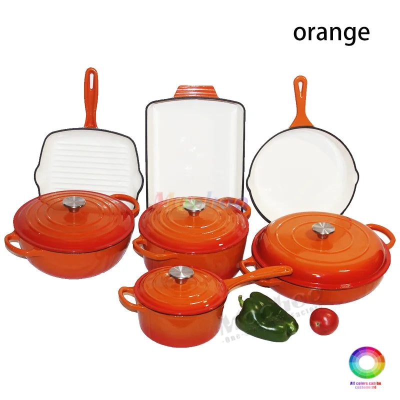 Customized Multi-functional Enamel Cast Iron Cookware Set Non-stick 7-piece Set Large-capacity Frying Pan Soup Pot Steak Pot Set